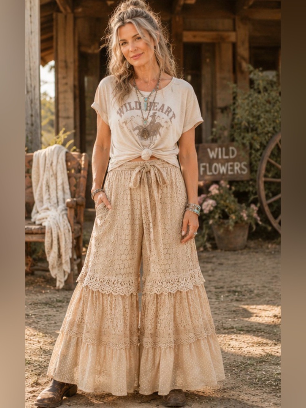 Young Threads Lace Crochet Palazzo Pants | L Boho Wide Leg Ruffle